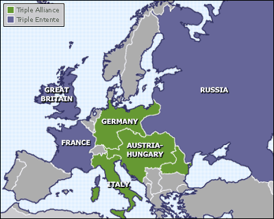 Map with the Triple Alliance and the Triple Entente